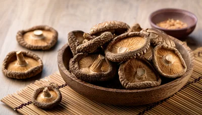 Dried Shiitake Mushrooms In A Wooden Bowl