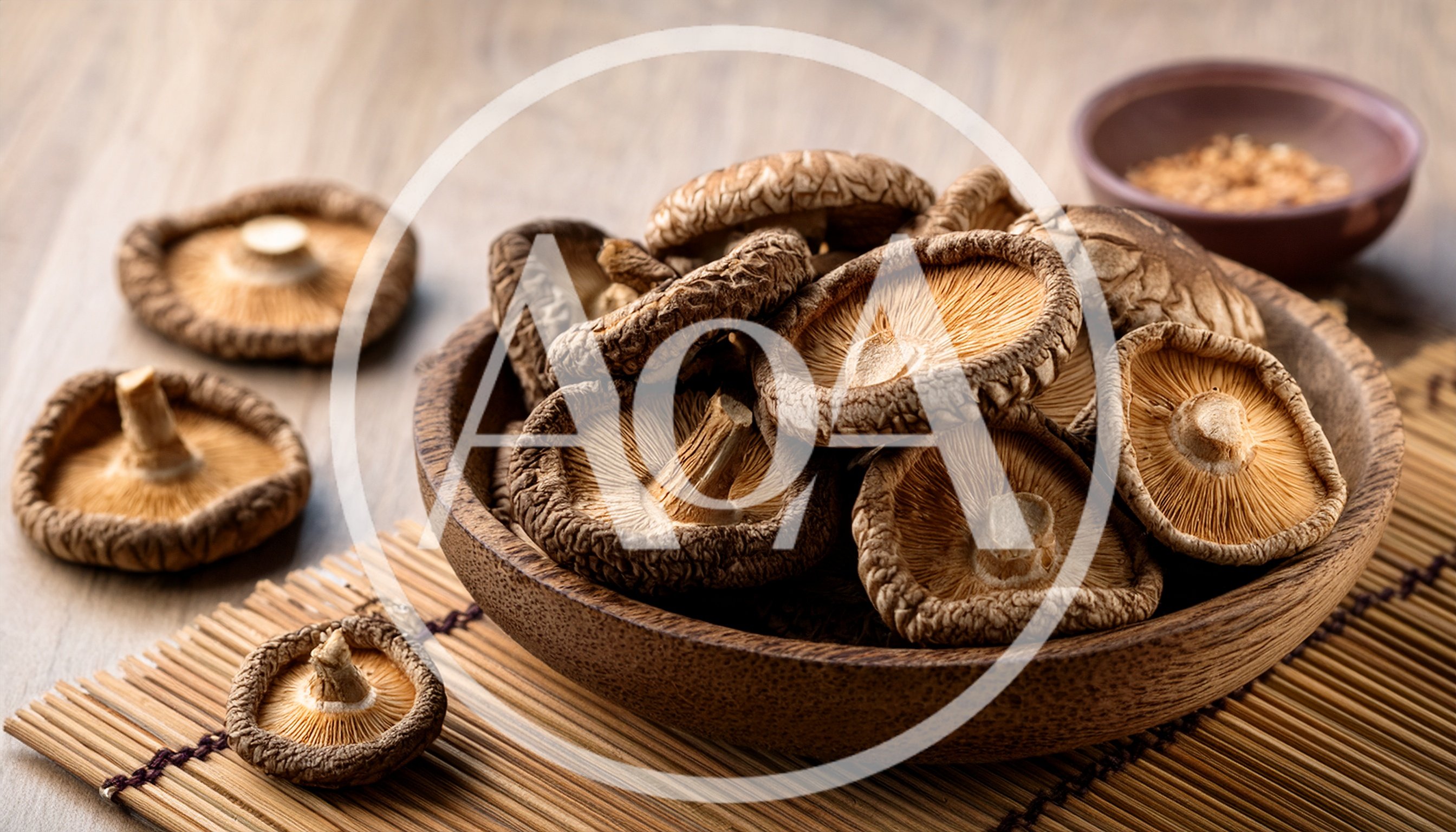 Dried Shiitake Mushrooms In A Wooden Bowl