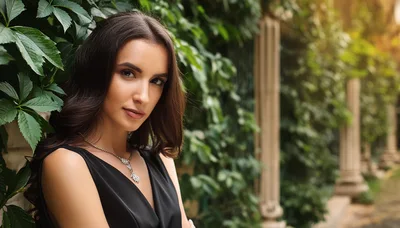 Elegant Woman Posing Beside Ivy Covered Stone Wall