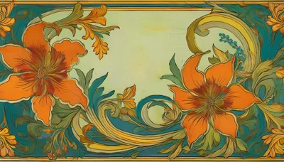 Art Nouveau Floral Border Illustration With Orange Flowers