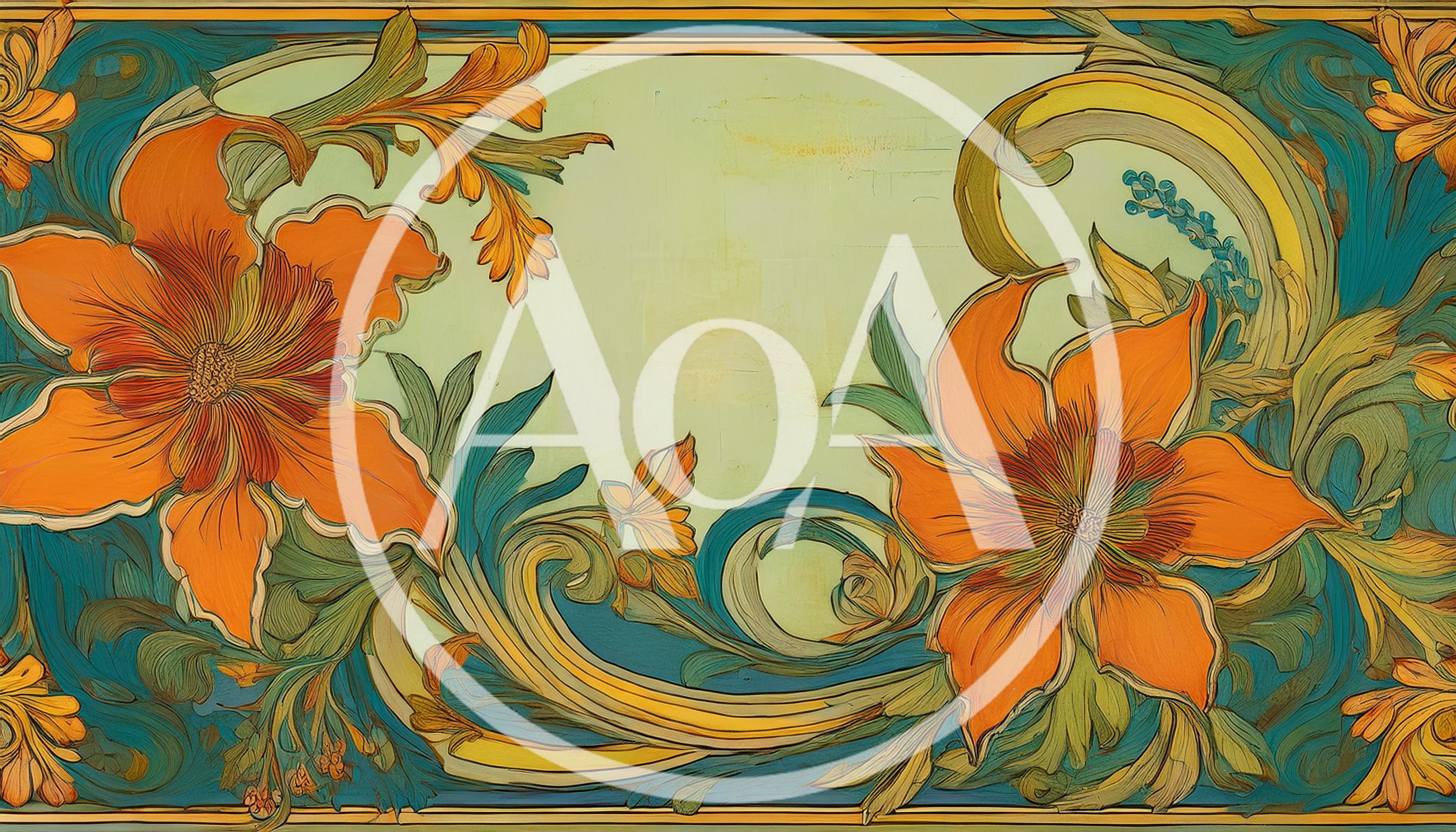 Art Nouveau Floral Border Illustration With Orange Flowers