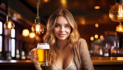 Beautiful Woman Holding A Beer Mug In A Bar