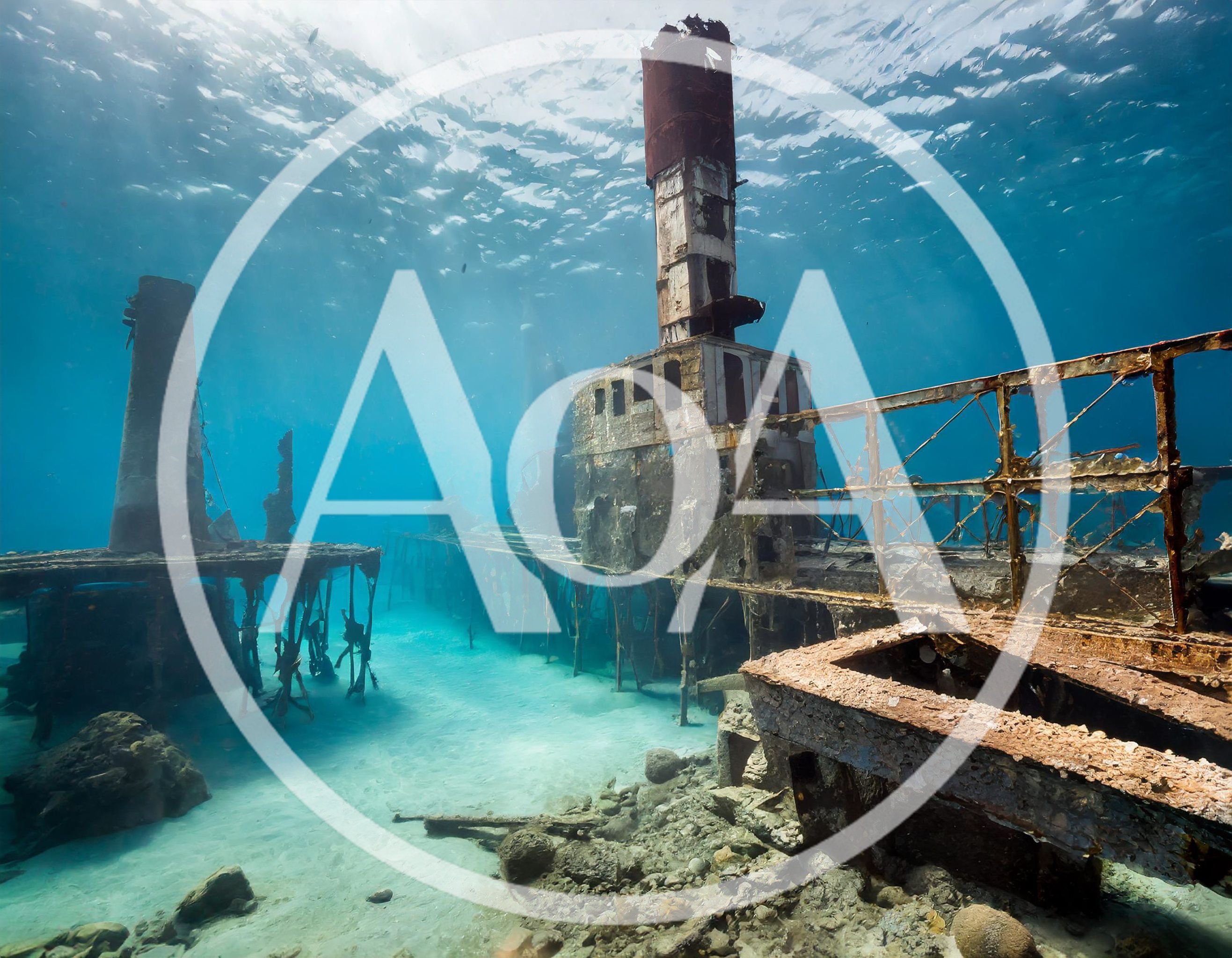 Underwater View Of A Sunken Shipwreck In Clear Water
