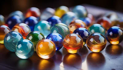 Collection Of Colorful Glass Marbles On Wooden Surface