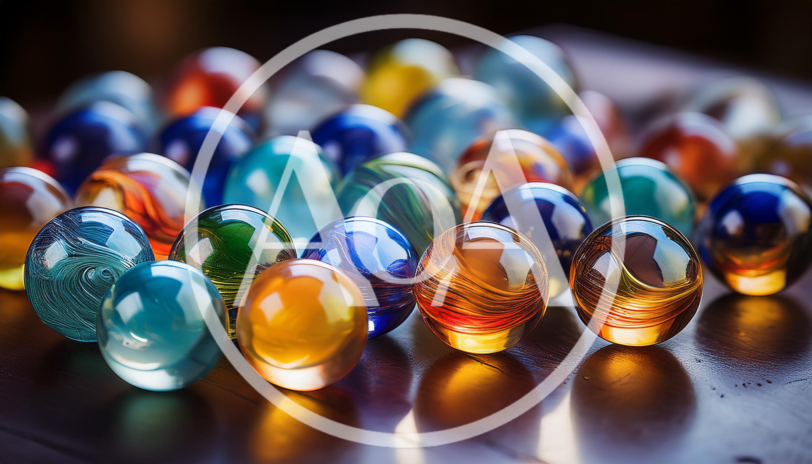Collection Of Colorful Glass Marbles On Wooden Surface