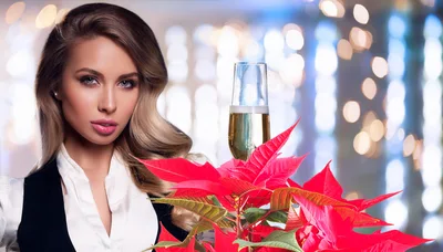 Elegant Woman Holding Champagne Glass With Poinsettia