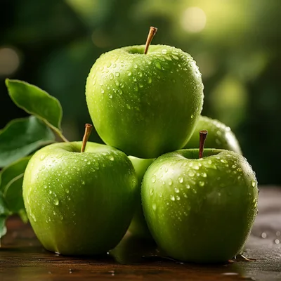 Fresh Green Apples With Water Droplets On Wooden Table