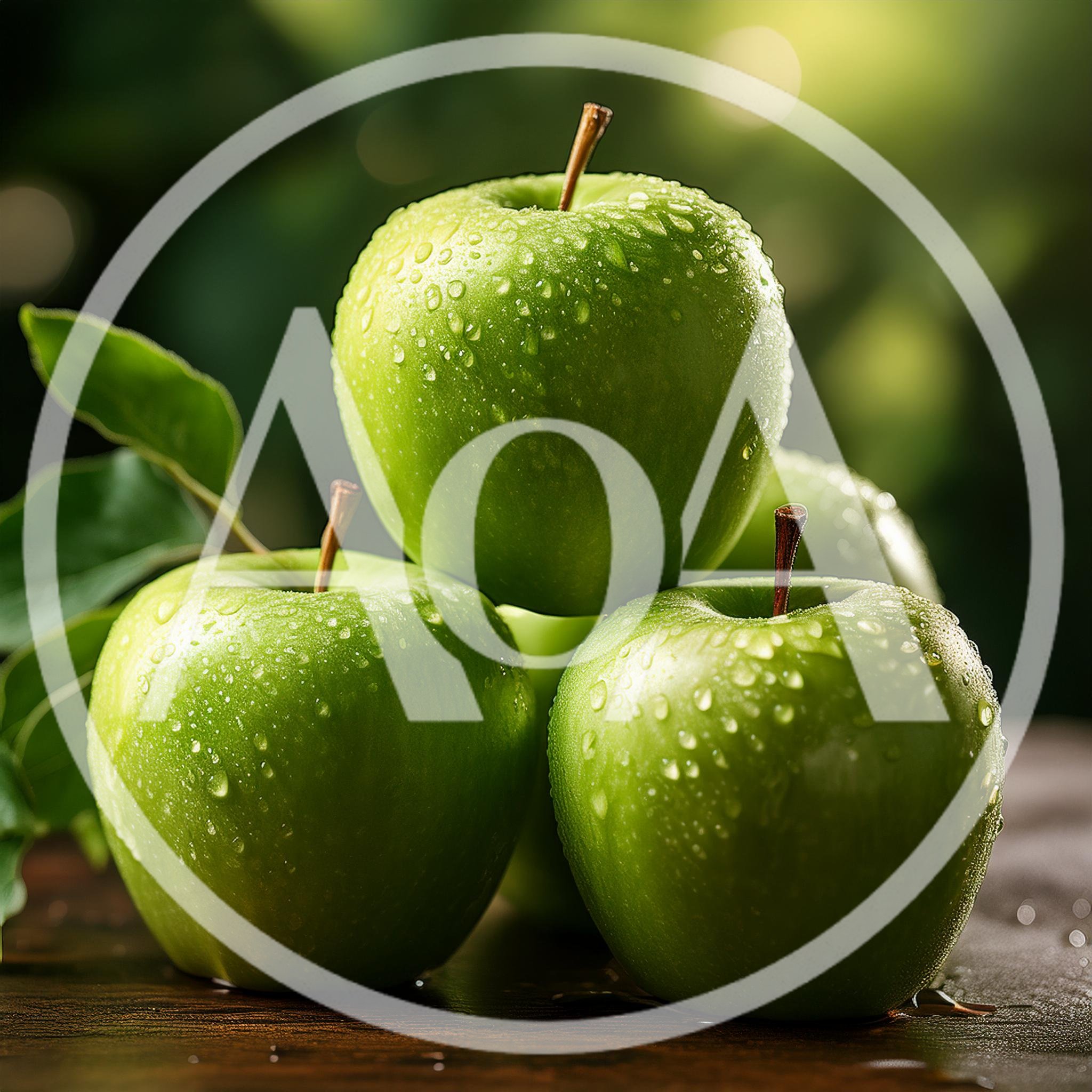 Fresh Green Apples With Water Droplets On Wooden Table