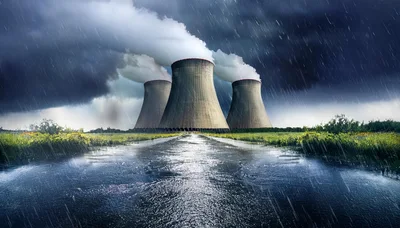 Three Nuclear Power Plant Cooling Towers Under Stormy Skies