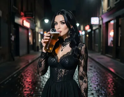 Elegant Woman Drinking Beer On A Rainy City Street
