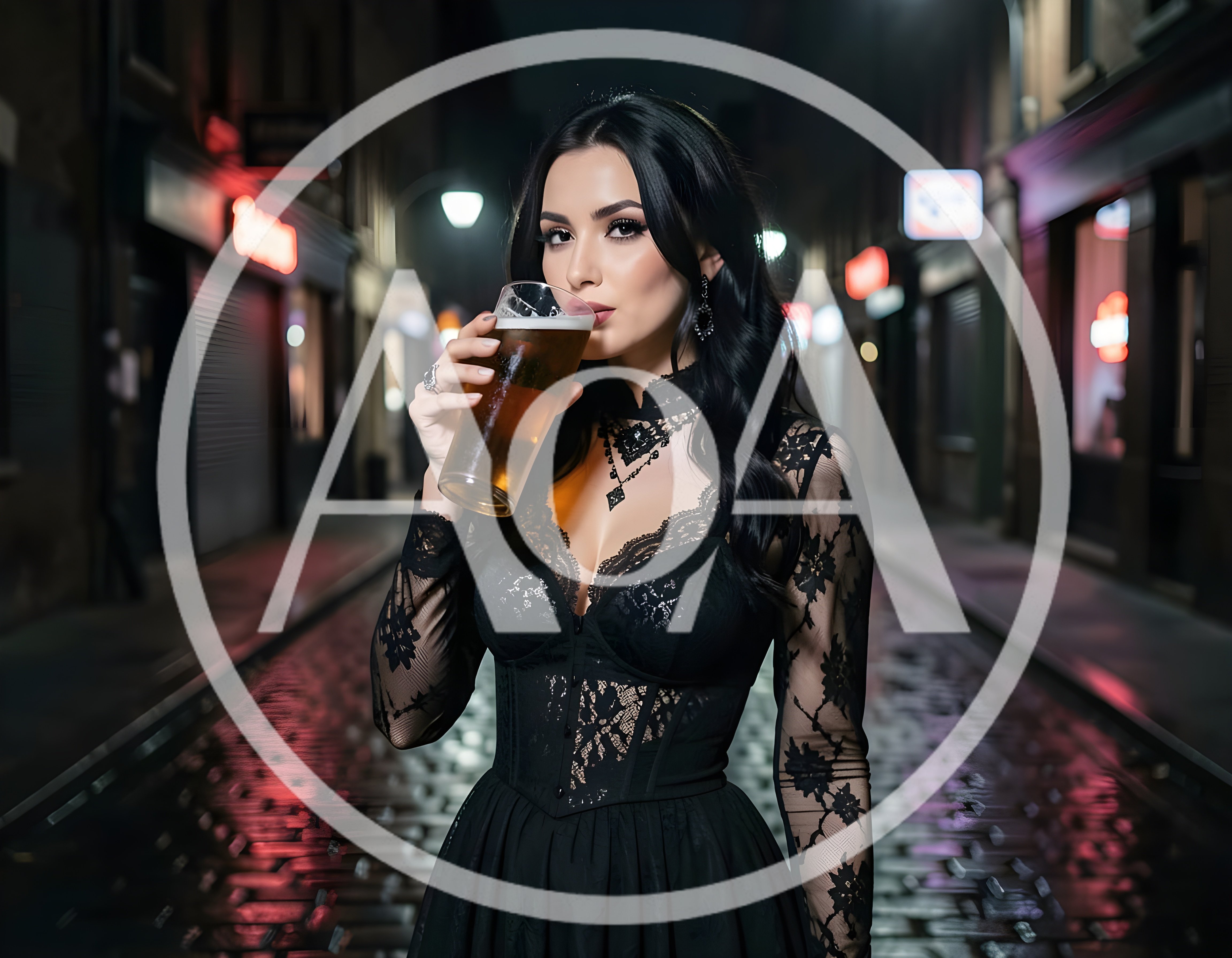 Elegant Woman Drinking Beer On A Rainy City Street