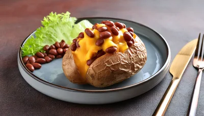 Baked Potato Topped With Melted Cheese And Beans