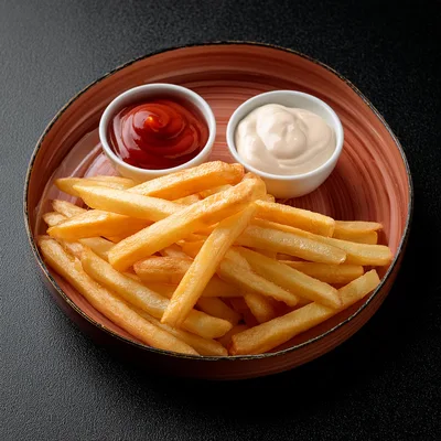 Golden French Fries With Ketchup And Mayonnaise