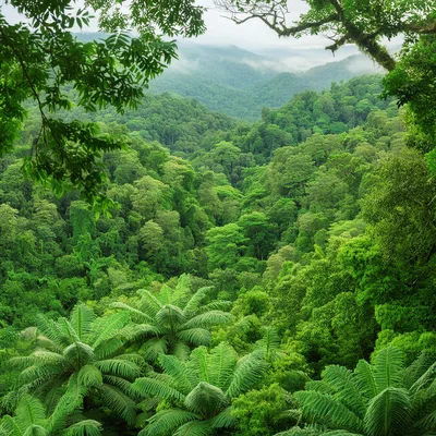 Lush Tropical Rainforest Canopy With Ferns And Mist
