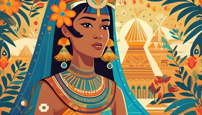 Egyptian Queen Illustration With Ornate Jewelry And Pyramids