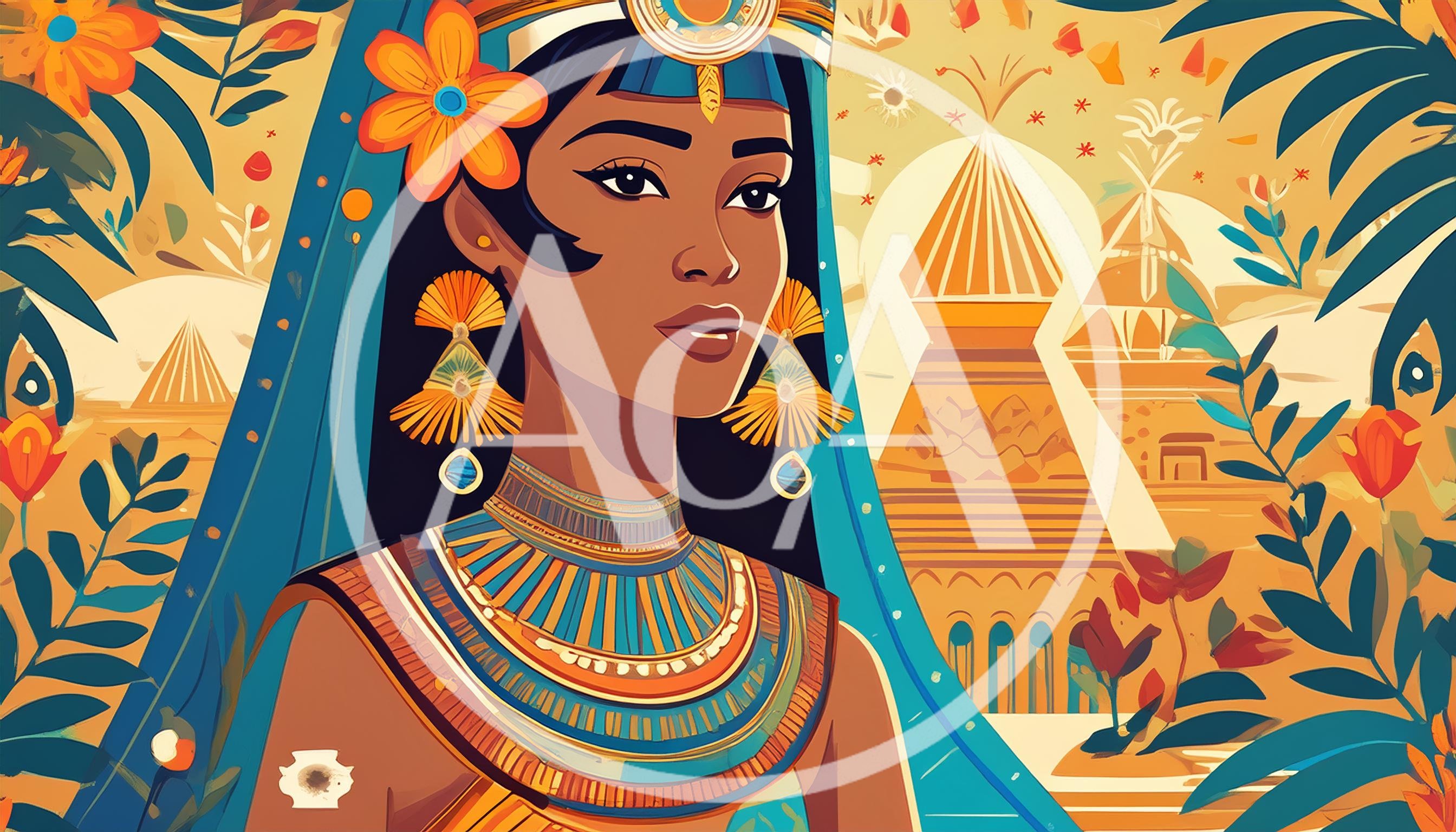 Egyptian Queen Illustration With Ornate Jewelry And Pyramids