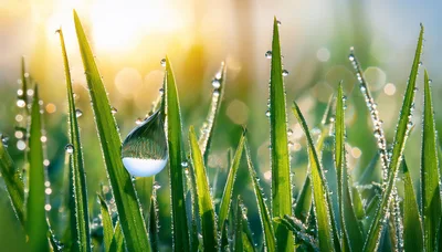 Dew Drops On Green Grass Blades At Sunrise