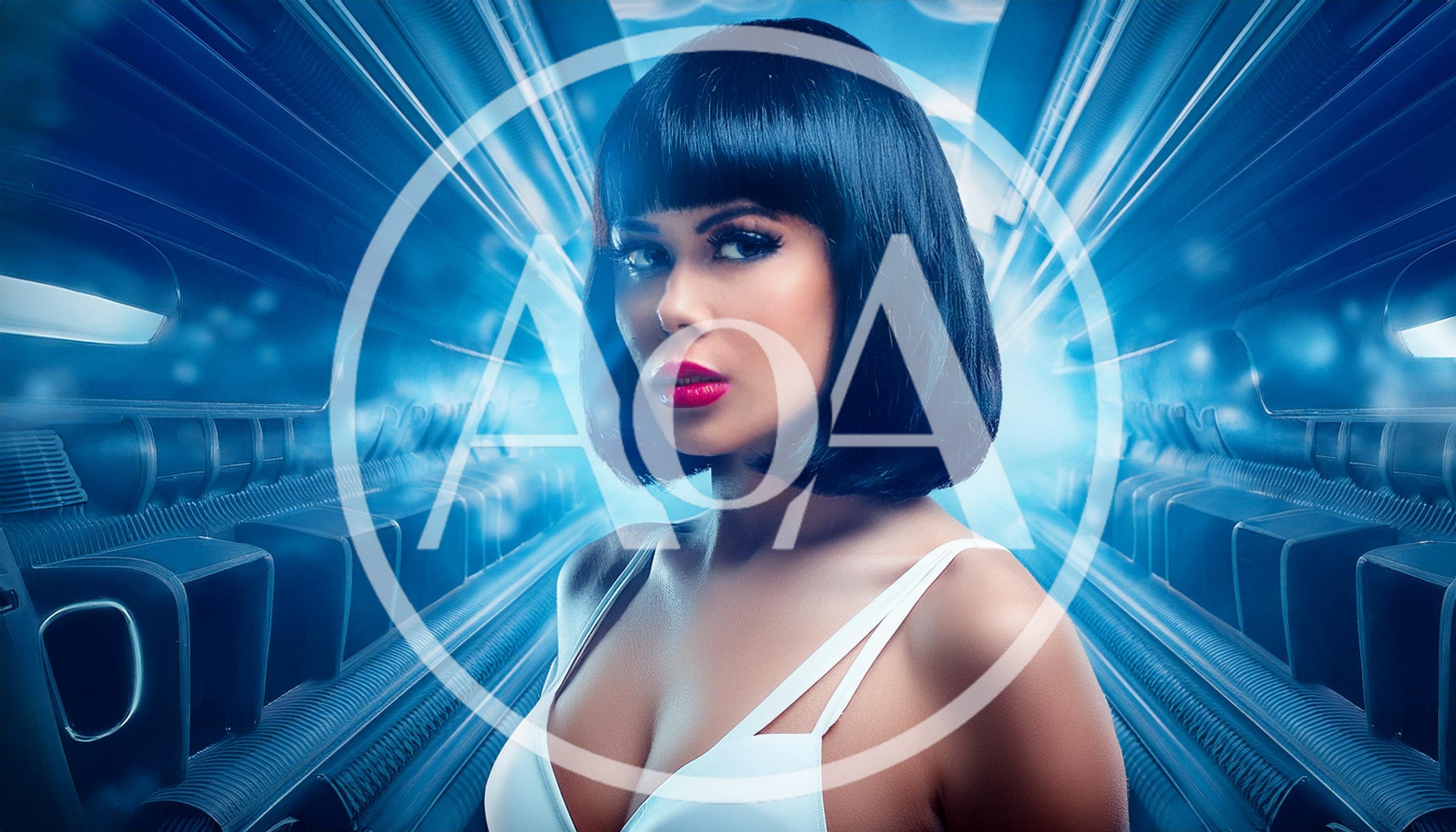 Futuristic Woman With Bob Haircut In Sci-Fi Corridor
