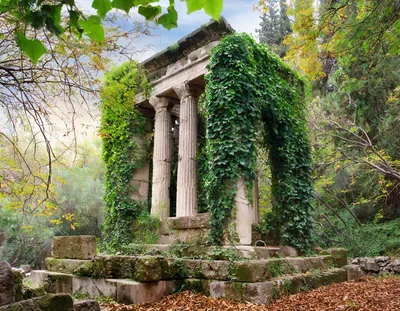 Ancient Greek Temple Ruins Overgrown With Lush Ivy