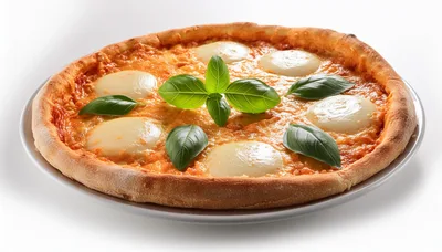 Fresh Margherita Pizza With Basil Leaves On White Plate