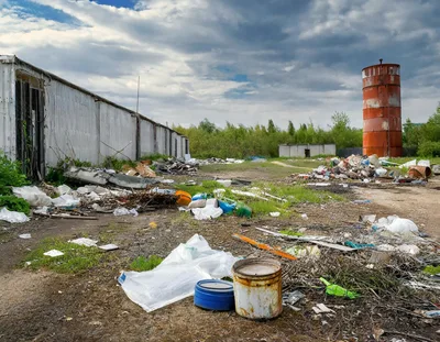 Abandoned Industrial Site With Debris And Rusty Silo
