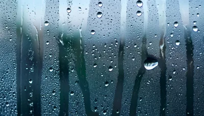 Condensation Droplets Running Down A Glass Window Pane