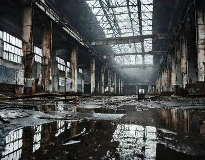 Abandoned Industrial Warehouse With Flooded Floor And Broken Roof