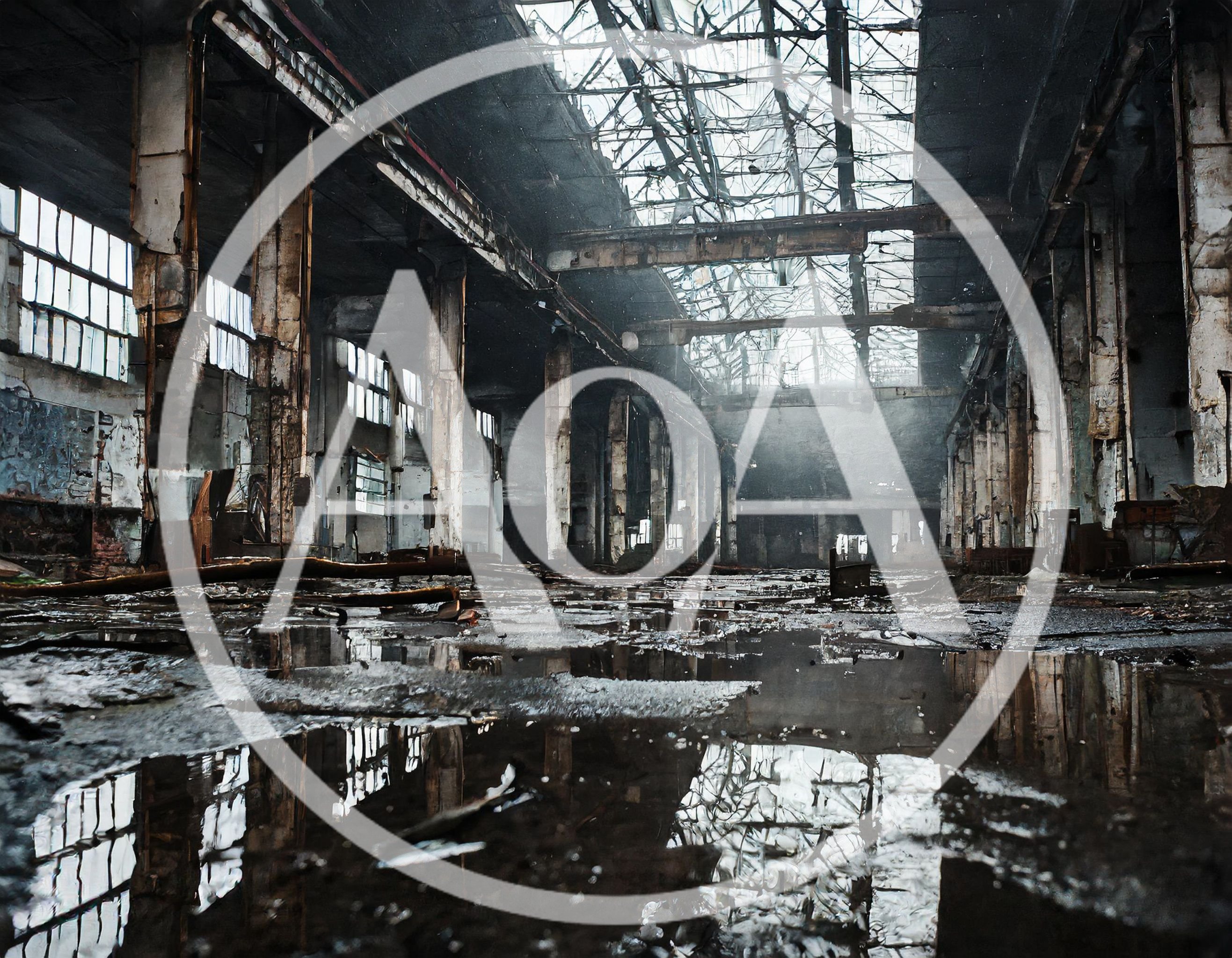 Abandoned Industrial Warehouse With Flooded Floor And Broken Roof