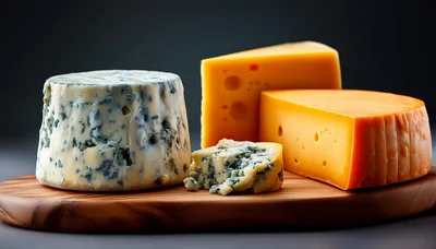 Assorted Blue and Yellow Cheese on Wooden Board