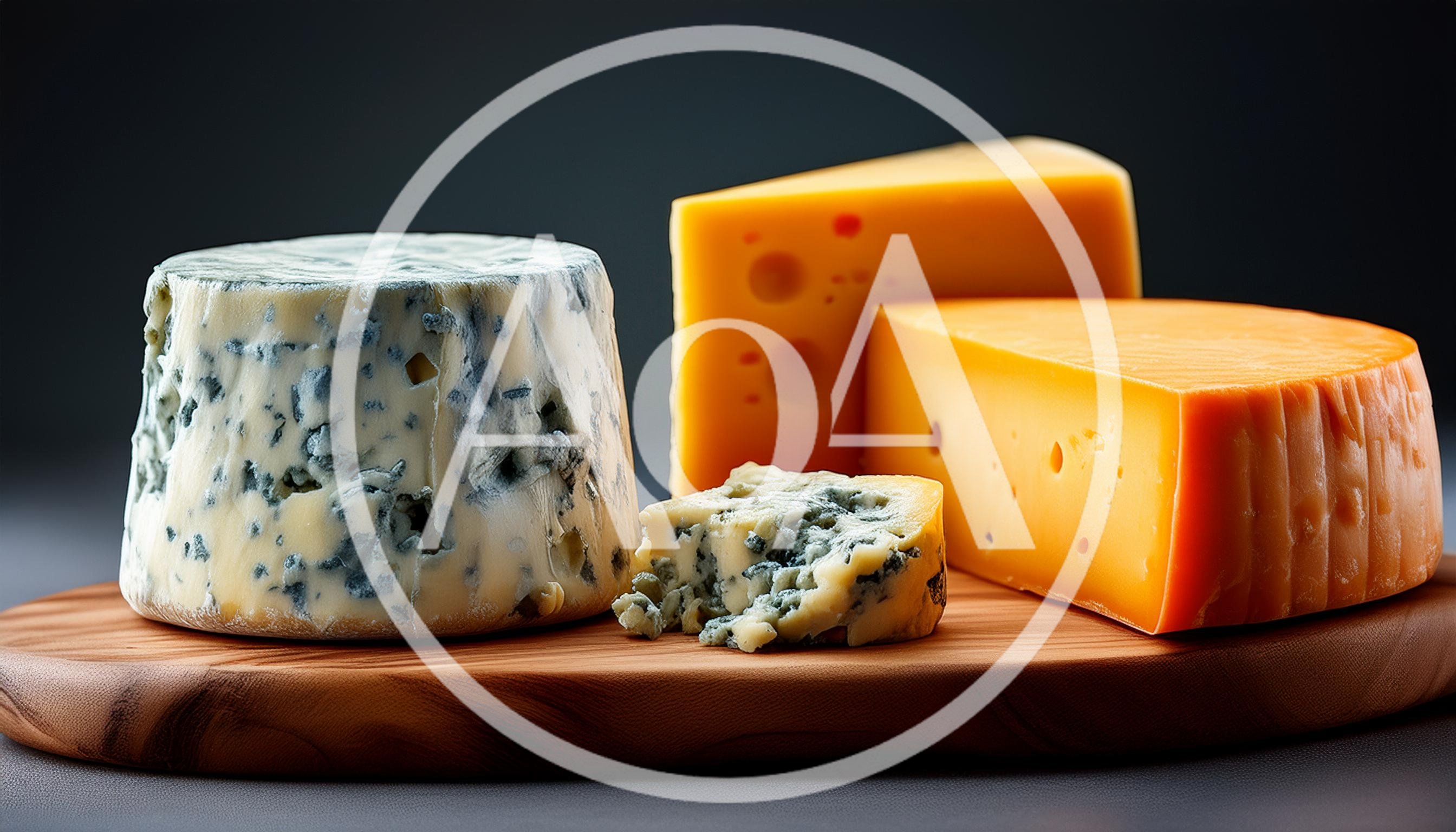 Assorted Blue and Yellow Cheese on Wooden Board