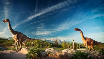 Dinosaur Models In A Prehistoric Landscape Setting