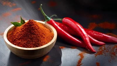 Wooden Bowl Of Chili Powder With Fresh Red Peppers