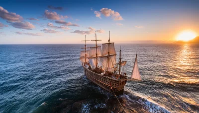 Historic Wooden Sailing Ship Anchored Near Rocky Coastline