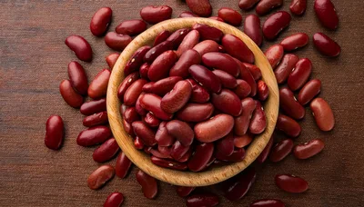 Top View Of Red Kidney Beans In Wooden Bowl
