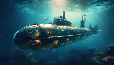 Steampunk Submarine Exploring Deep Underwater Coral Reef