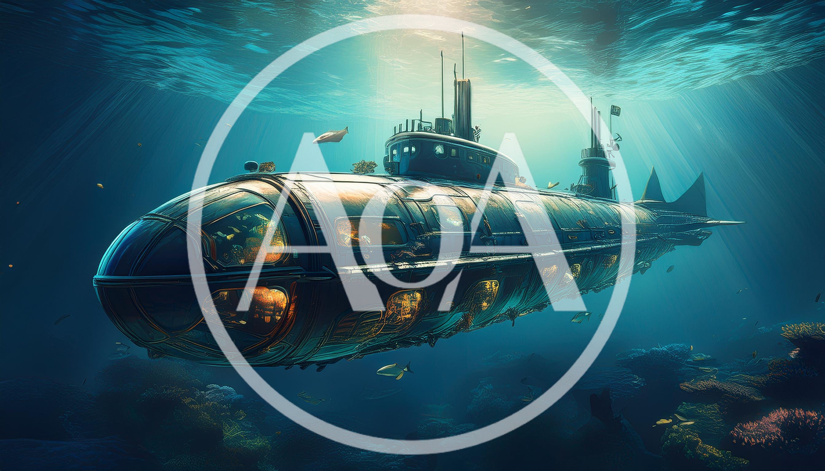 Steampunk Submarine Exploring Deep Underwater Coral Reef