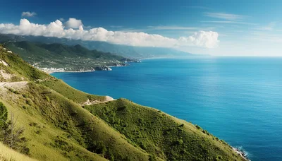 Panoramic View Of Lush Green Coastal Mountains And Sea