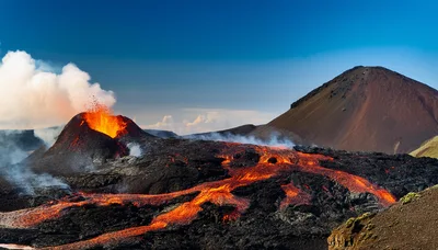 Volcanic Eruption With Molten Lava Flowing In Iceland