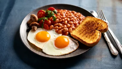 Full English Breakfast With Fried Eggs And Toast