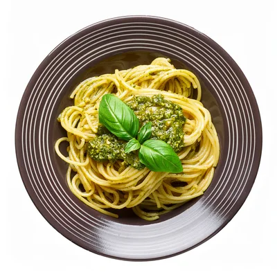 Spaghetti Pasta With Pesto Sauce And Fresh Basil