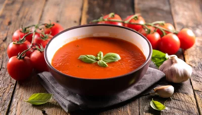 Bowl Of Tomato Soup With Fresh Basil And Garlic
