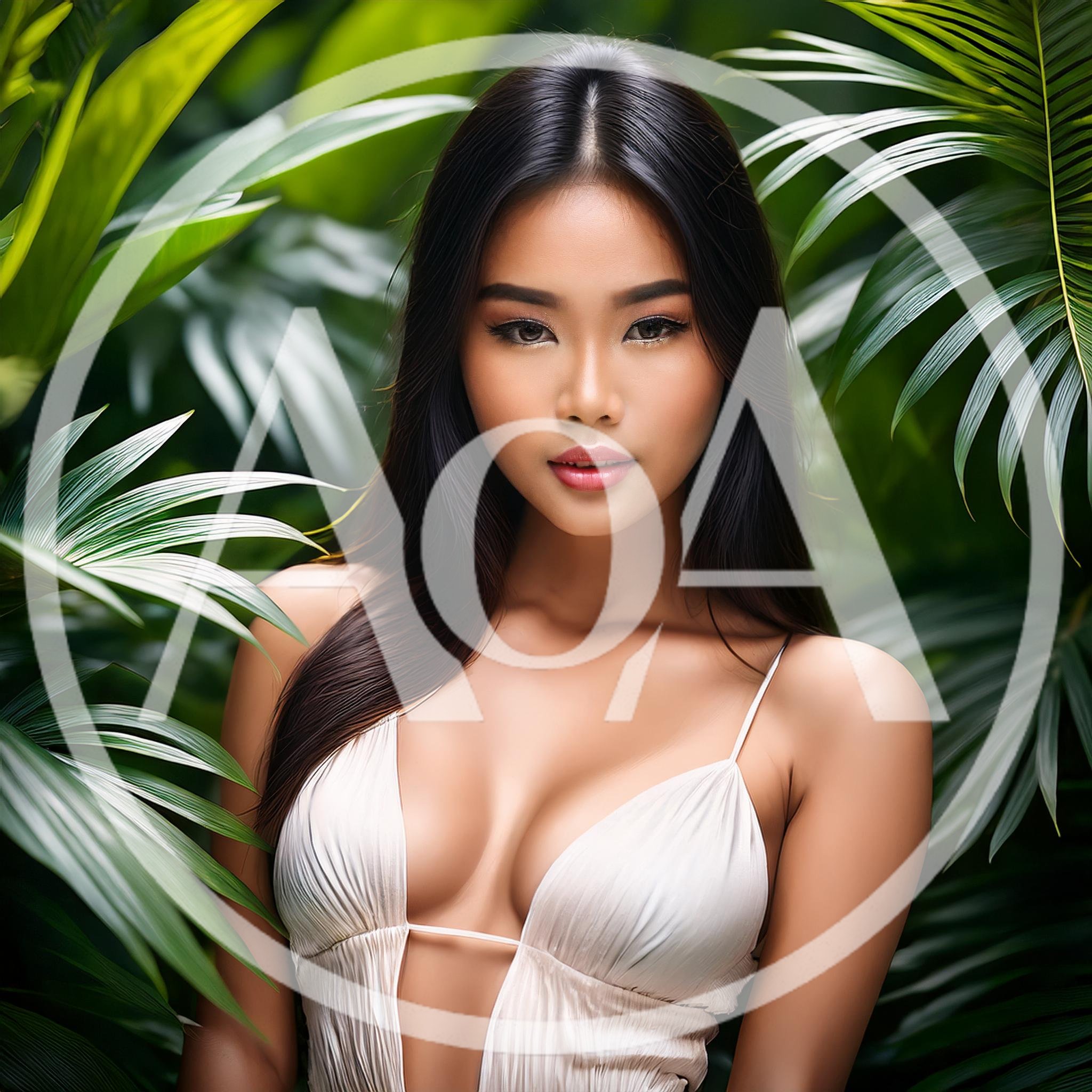 Portrait Of A Beautiful Asian Woman In Tropical Foliage