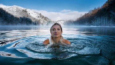 Woman Swimming In Cold Mountain Lake