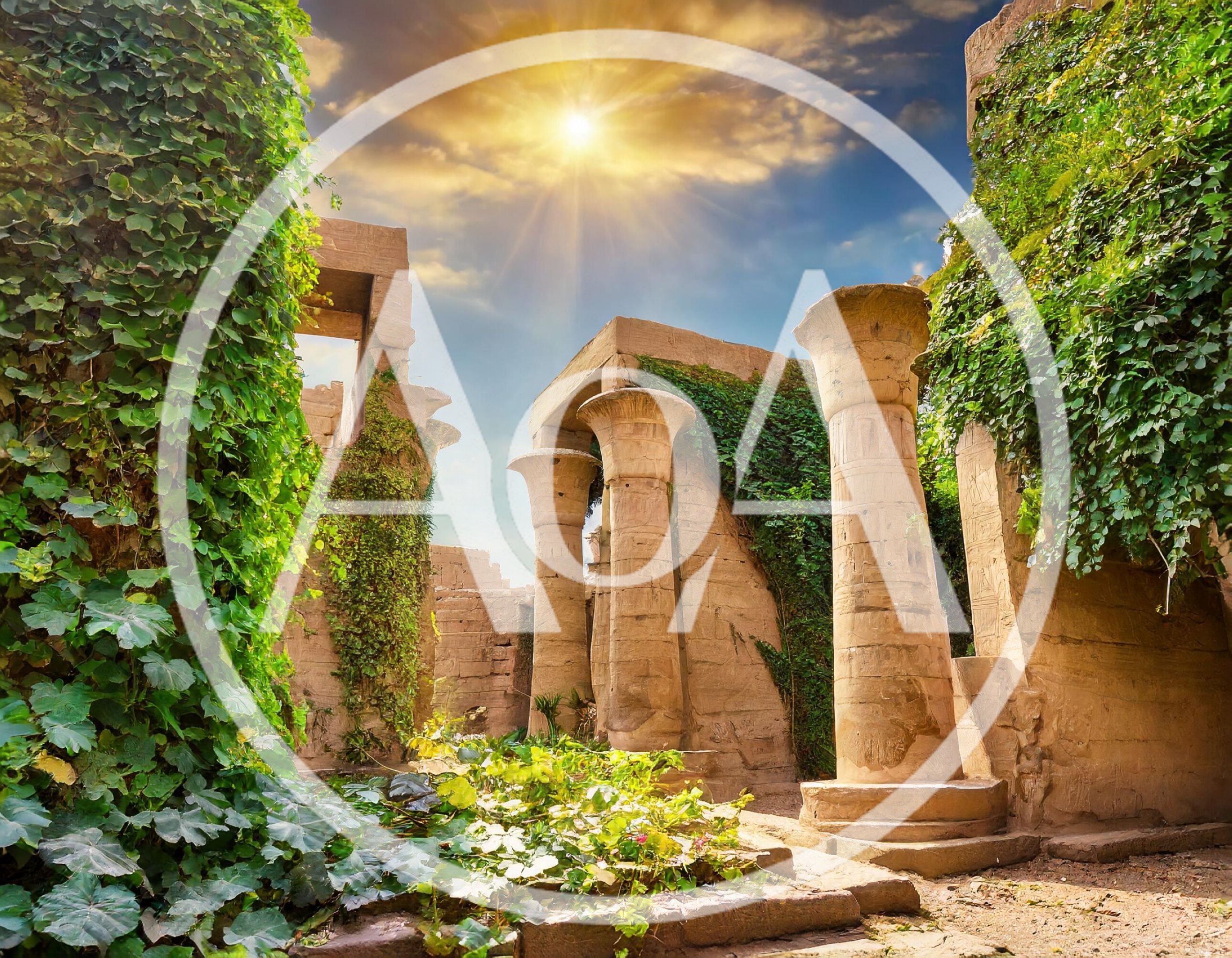 Ancient Egyptian Temple Ruins With Lush Green Ivy