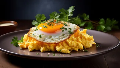 Fried Egg Over Scrambled Eggs On A Plate