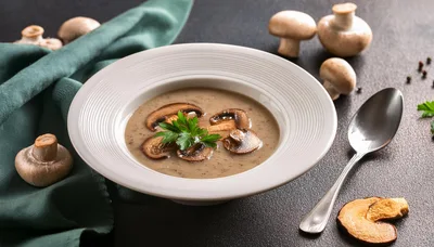 Creamy Mushroom Soup Served In A White Bowl