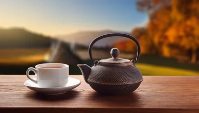 Cast Iron Teapot And Tea Cup On Wooden Table