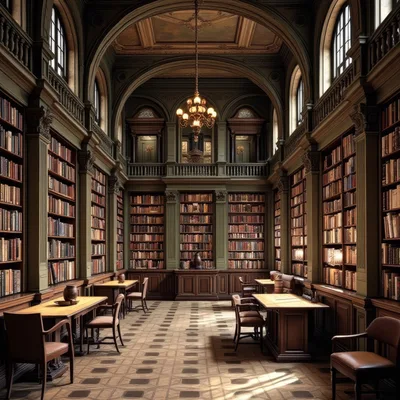 Grand Antique Library Interior With Wooden Desks