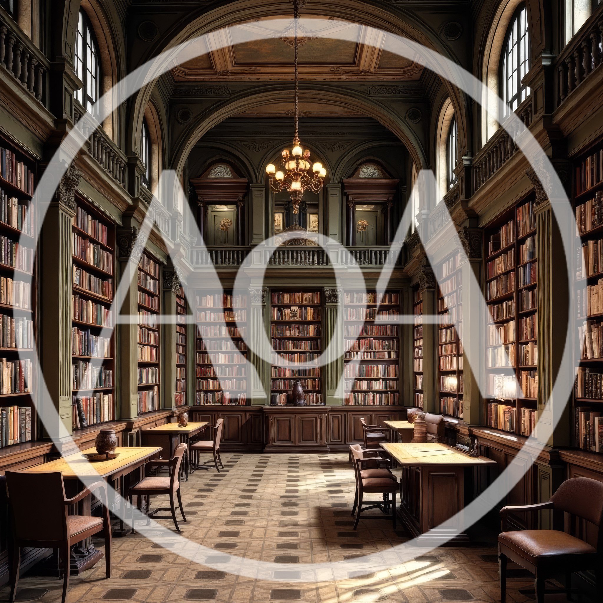 Grand Antique Library Interior With Wooden Desks