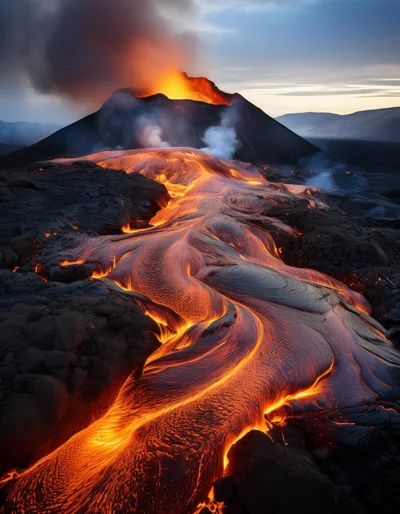 Volcanic Eruption With Molten Lava Flowing Down Mountain